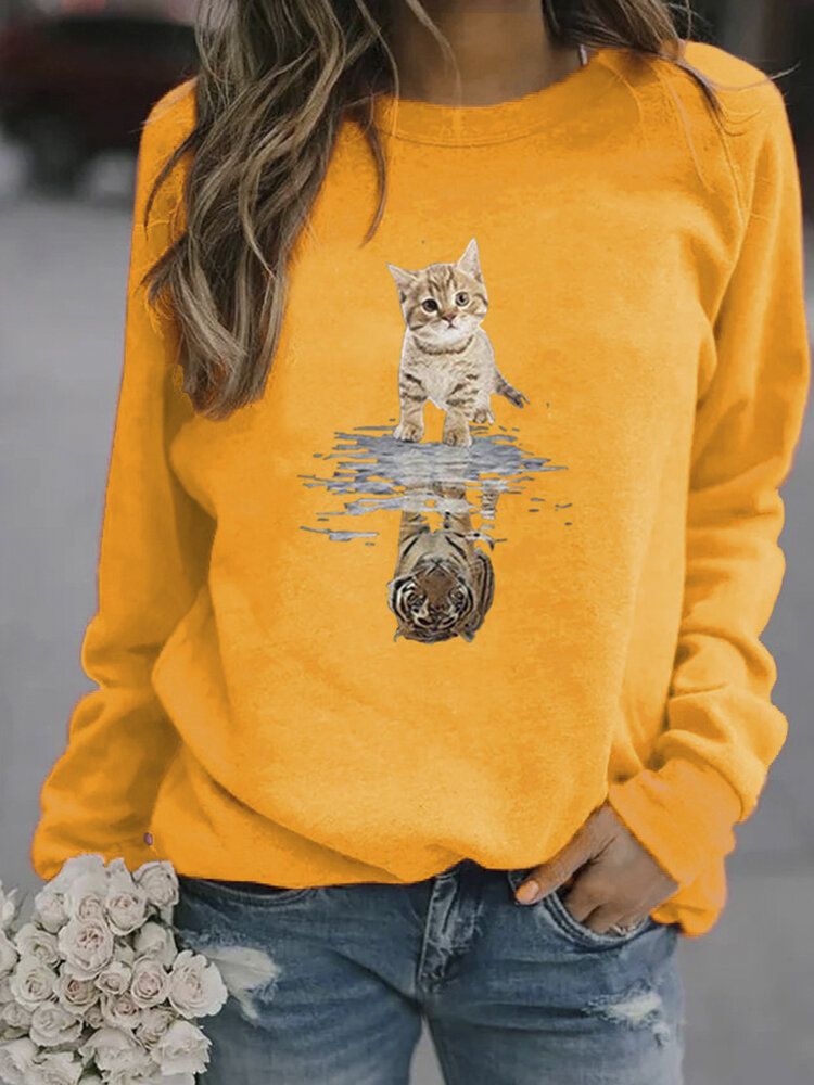 Damen Cartoon Animal Cat Print Pullover Langarm Süße Sweatshirts