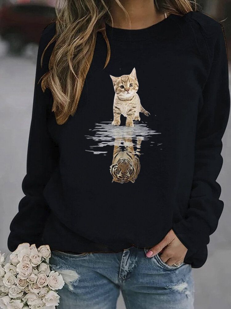 Damen Cartoon Animal Cat Print Pullover Langarm Süße Sweatshirts