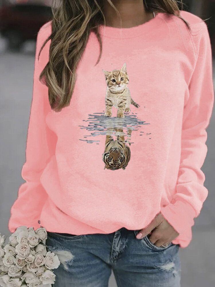 Damen Cartoon Animal Cat Print Pullover Langarm Süße Sweatshirts