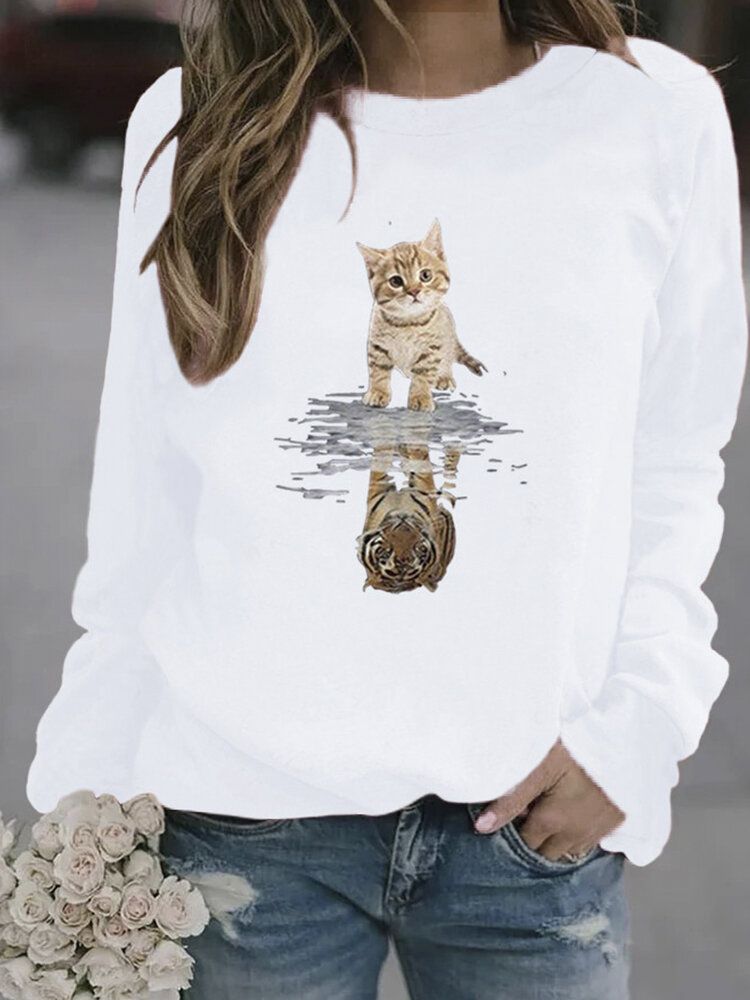 Damen Cartoon Animal Cat Print Pullover Langarm Süße Sweatshirts