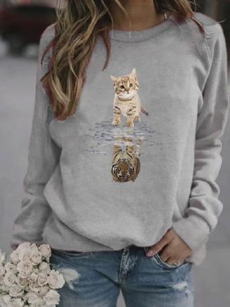 Damen Cartoon Animal Cat Print Pullover Langarm Süße Sweatshirts