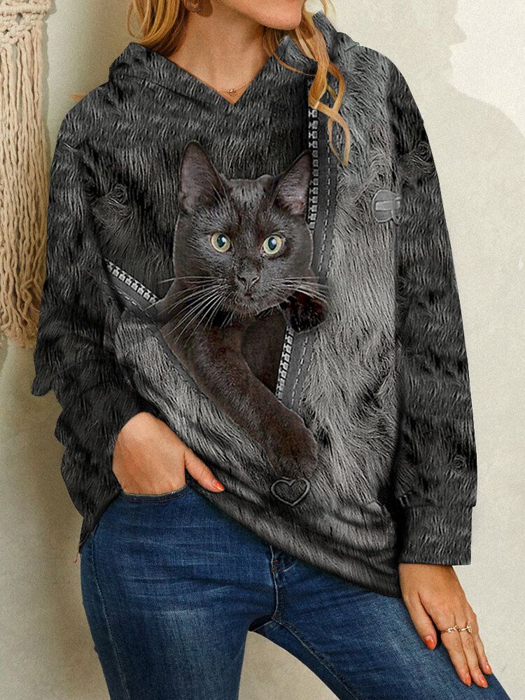 Damen Cartoon Black Cat Print Langarm Casual Hoodies