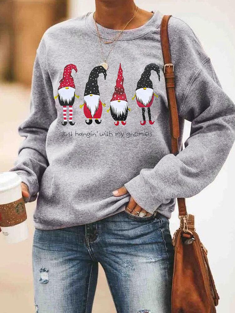 Damen Cartoon Weihnachtsmann Print Weihnachtspullover Langarm Sweatshirts