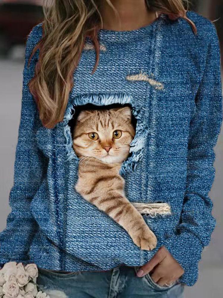 Damen Design 3d Cat Print Pullover Langarm Süße Sweatshirts