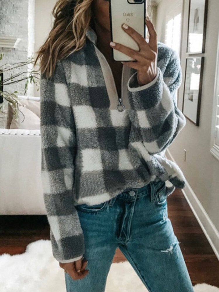 Damen-fleece-plaid Mit V-ausschnitt Halbem Reißverschluss Lässige Langärmlige Sweatshirts