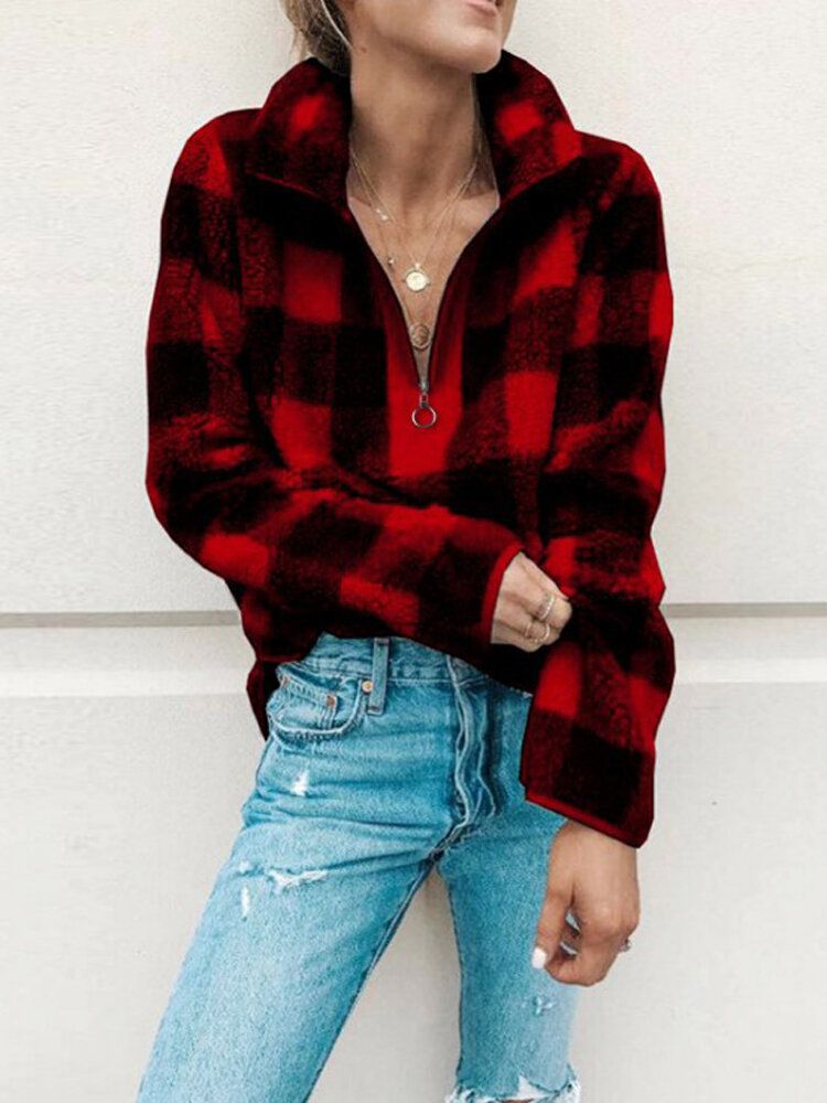 Damen-fleece-plaid Mit V-ausschnitt Halbem Reißverschluss Lässige Langärmlige Sweatshirts