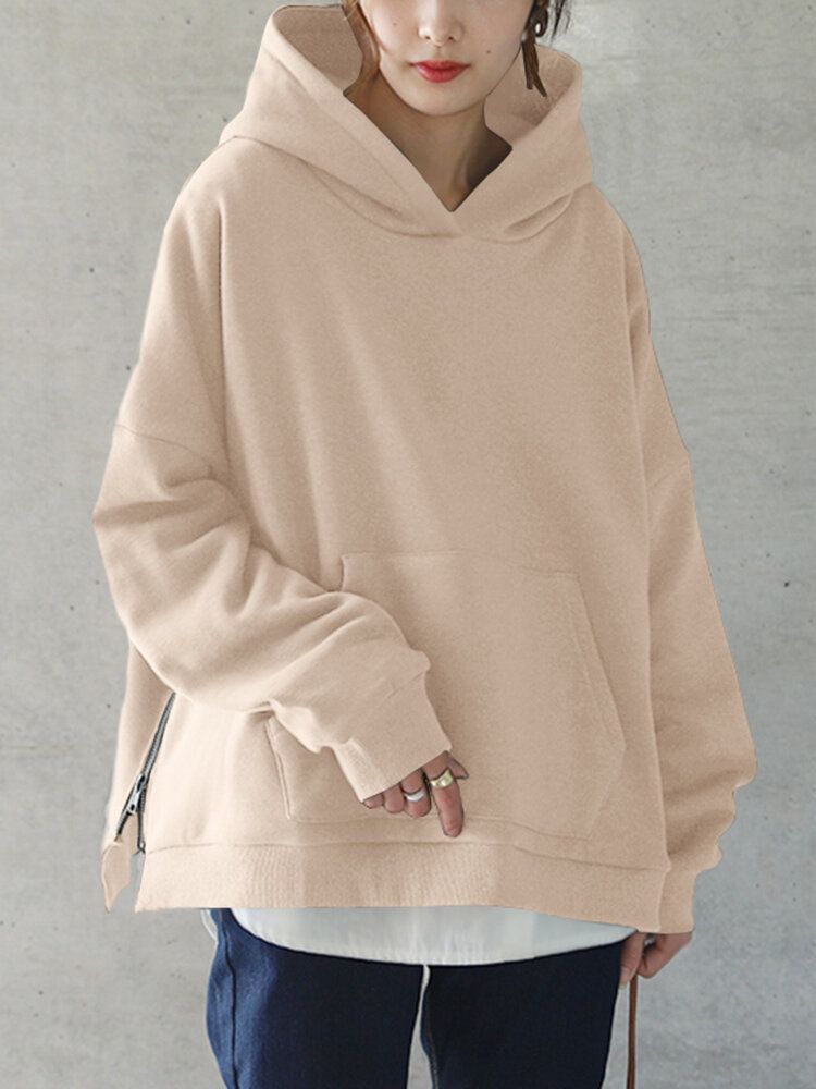 Damen Kapuzen-sweatshirt Mit Festem Seitenreißverschluss Und Tasche