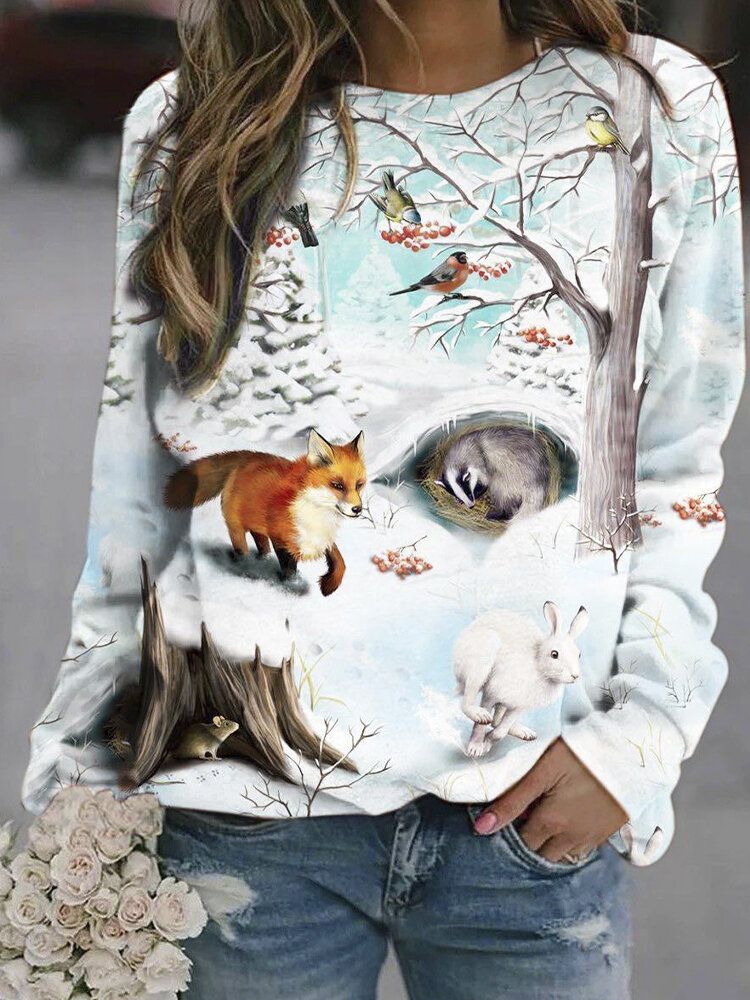 Damen Multi 3d Animal Landscape Print Pullover Langarm Design Sweatshirts