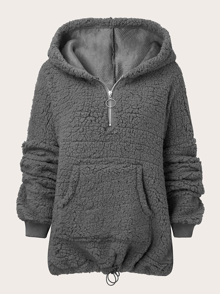 Damen Solid Zipper Up Plus Size Lammtasche Langarm Casual Hoodies