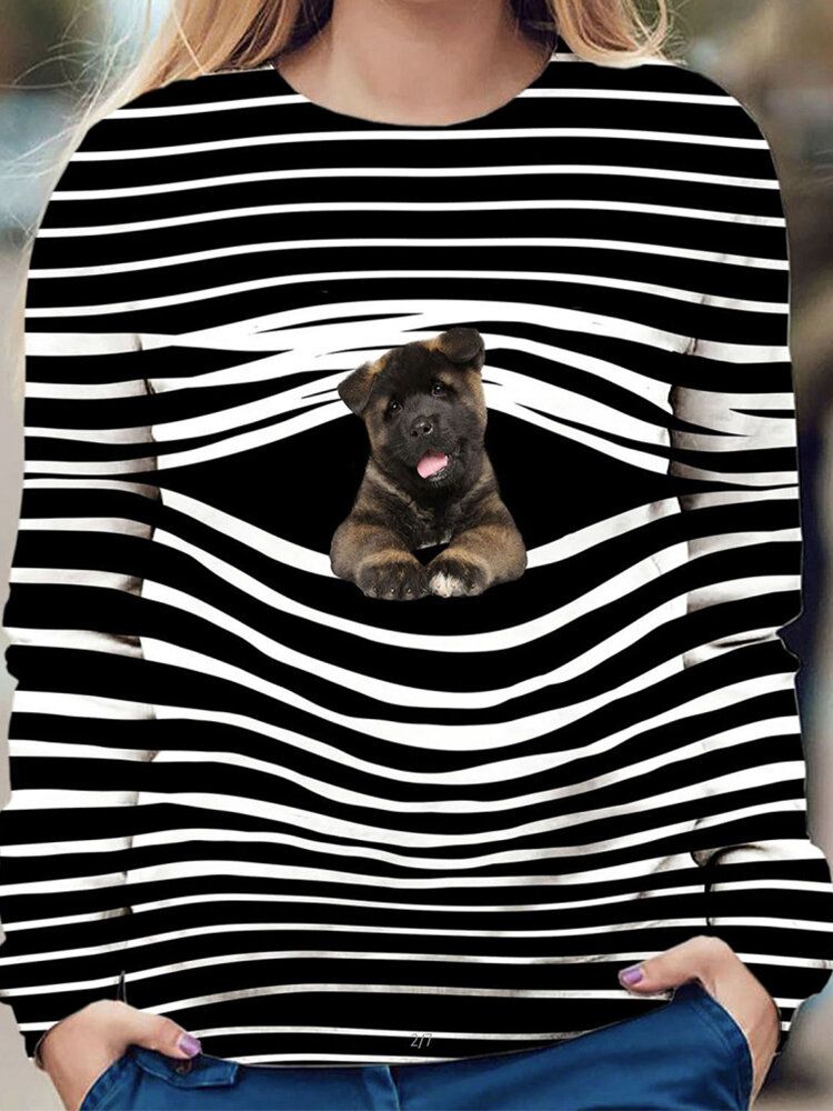 Damen Stripe 3d Dog Print Pullover O-ausschnitt Langarm Casual Sweatshirts