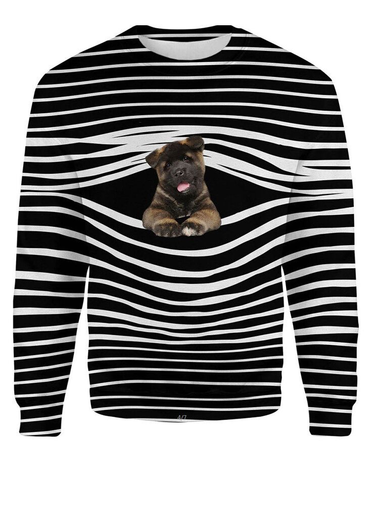 Damen Stripe 3d Dog Print Pullover O-ausschnitt Langarm Casual Sweatshirts