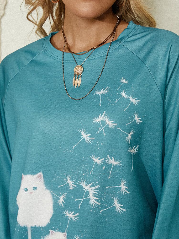 Damen-sweatshirt Mit Niedlichem Katzen-löwenzahn-print Rundhalsausschnitt Und Langen Ärmeln