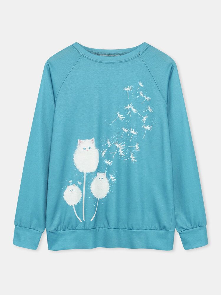 Damen-sweatshirt Mit Niedlichem Katzen-löwenzahn-print Rundhalsausschnitt Und Langen Ärmeln