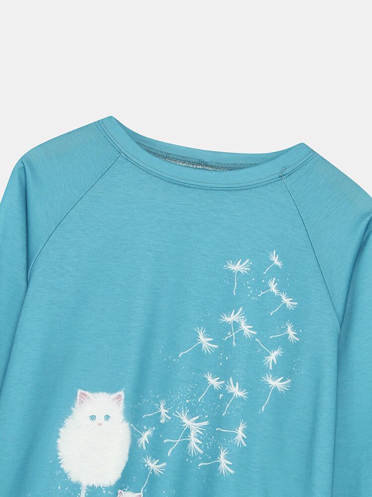 Damen-sweatshirt Mit Niedlichem Katzen-löwenzahn-print Rundhalsausschnitt Und Langen Ärmeln