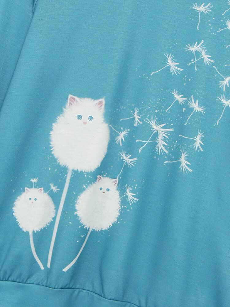 Damen-sweatshirt Mit Niedlichem Katzen-löwenzahn-print Rundhalsausschnitt Und Langen Ärmeln