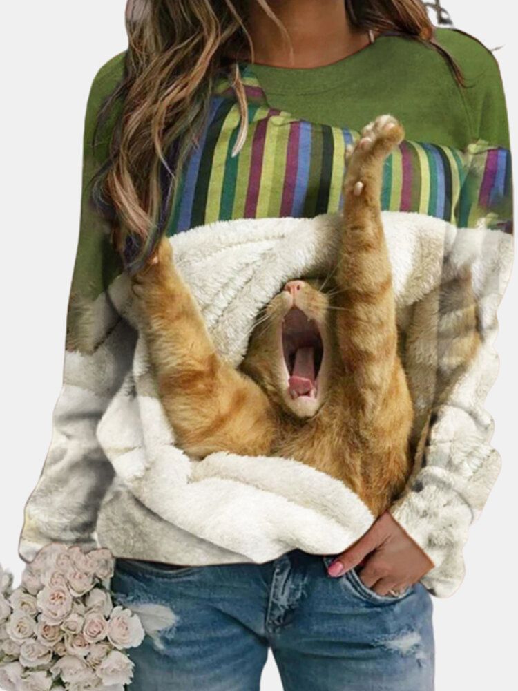 Damen-sweatshirts Mit Niedlicher Katze Und Rundhalsausschnitt Lässig Raglanärmeln