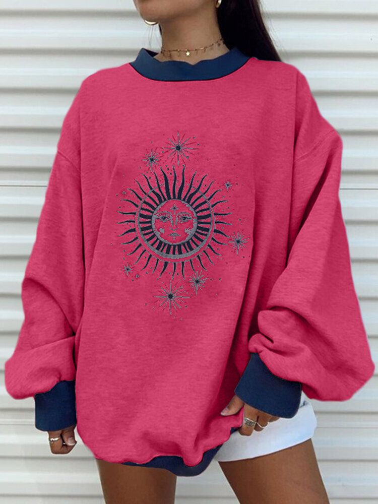 Damen Täglich Animiertes Bedrucktes Sun Flower Splicing Loose Sleeve Youngster Sweatshirt