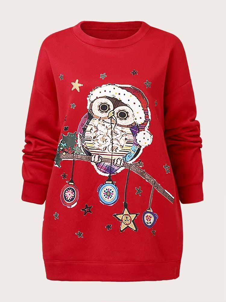 Damen Weihnachtsvögel Cartoon Print Drop Shoulder Langarm Casual Pullover Sweatshirt