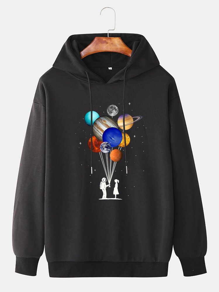 Design Planet Print Hoodies Mit Kordelzug Und Tief Angesetzter Schulter Für Herren