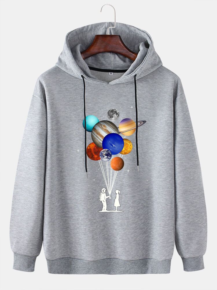 Design Planet Print Hoodies Mit Kordelzug Und Tief Angesetzter Schulter Für Herren