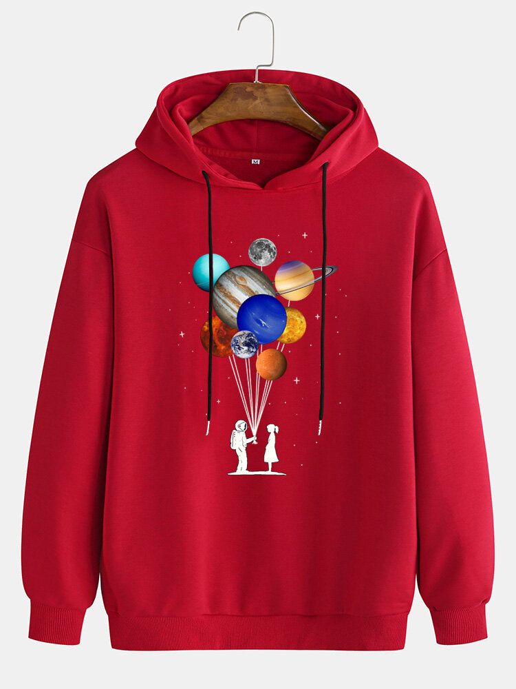 Design Planet Print Hoodies Mit Kordelzug Und Tief Angesetzter Schulter Für Herren