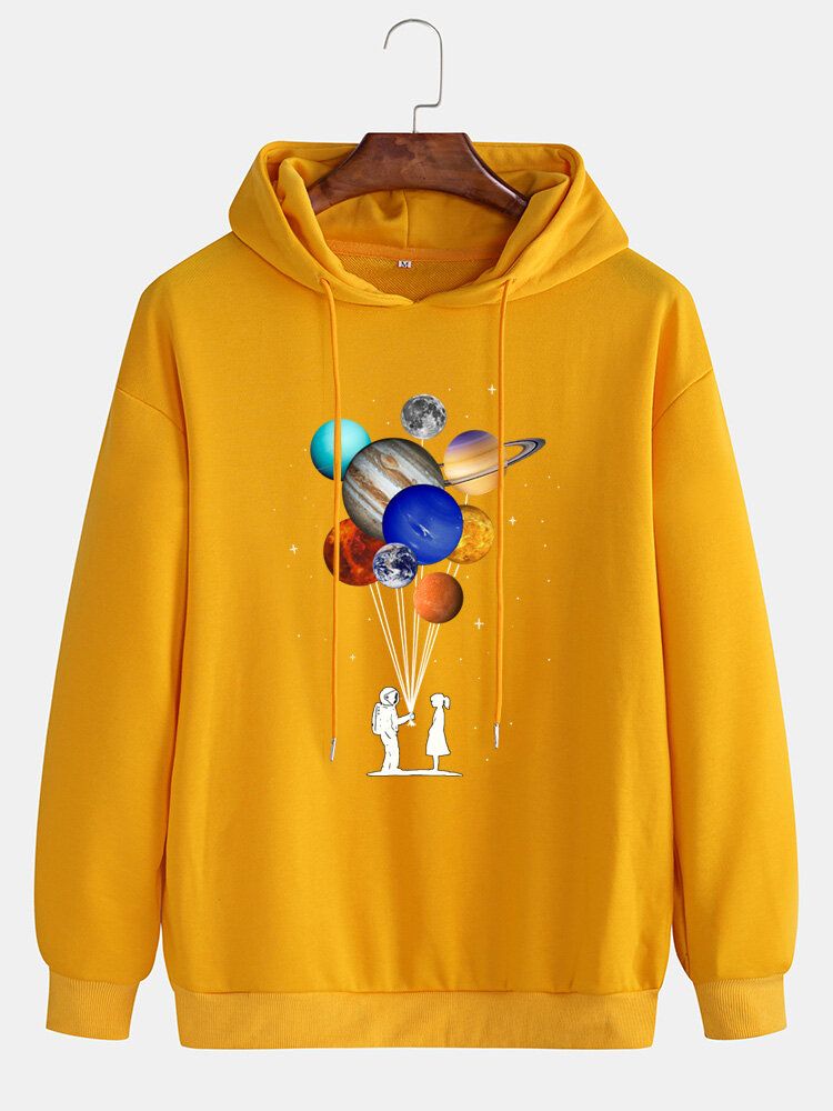 Design Planet Print Hoodies Mit Kordelzug Und Tief Angesetzter Schulter Für Herren