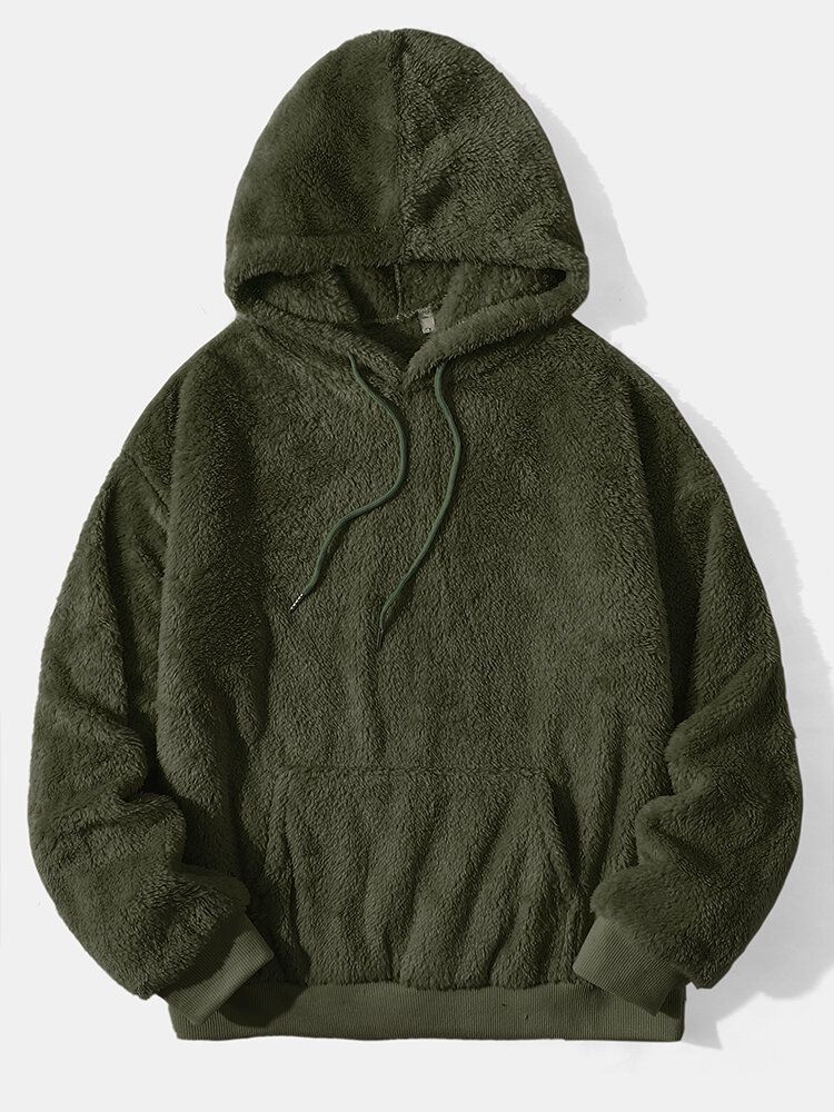 Einfarbige Flauschige Langarm-hoodies Mit Taschen Für Herren