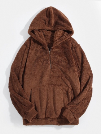 Einfarbige Flauschige Plüsch-teddy-hoodies Mit Halbem Reißverschluss Vorne Und Tasche Für Herren