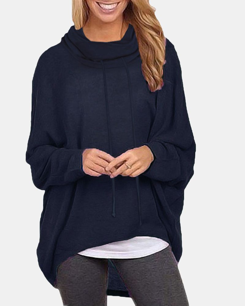 Einfarbige Langarm-pullover Mit Hohem Und Niedrigem Saum Für Damen