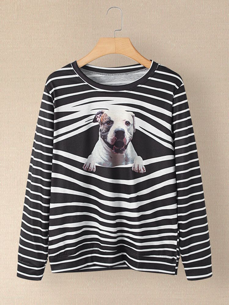 Frauen 3d-hundestreifendruck O-ausschnitt Pullover Lässige Sweatshirts