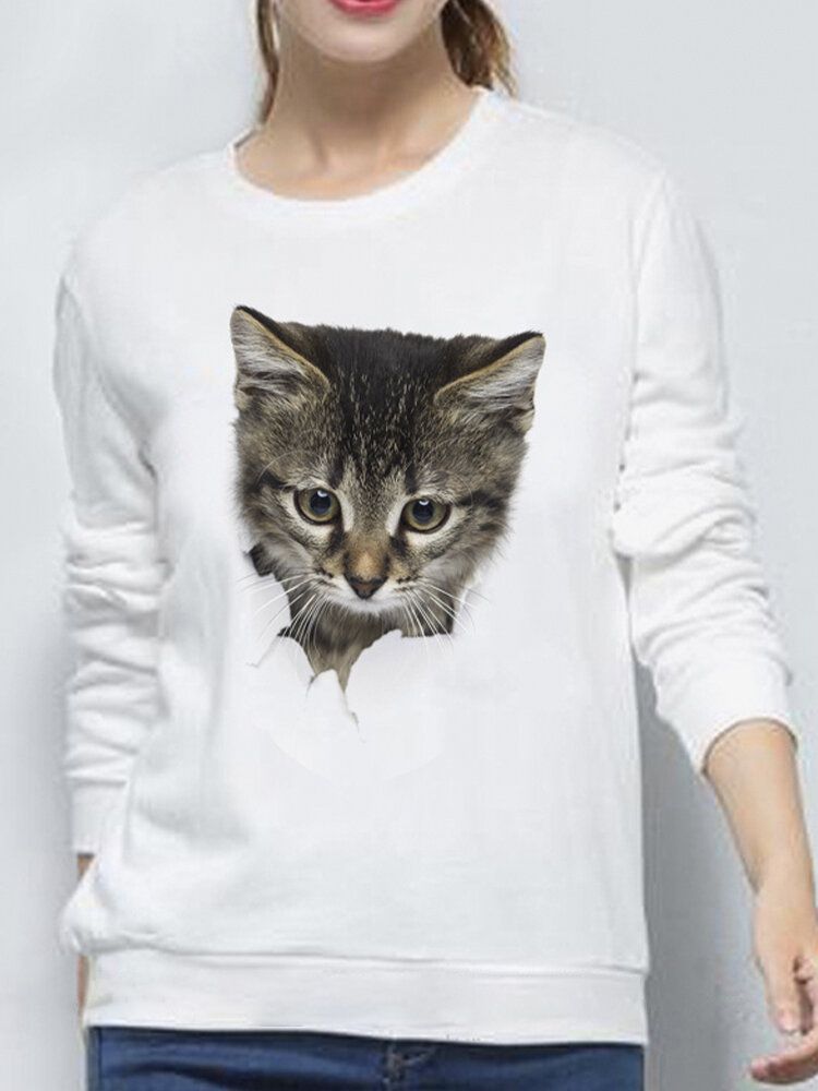 Frauen 3d Süße Kleine Katze Print Rundhalsausschnitt Lässig Einfach Langarm Pullover Sweatshirt