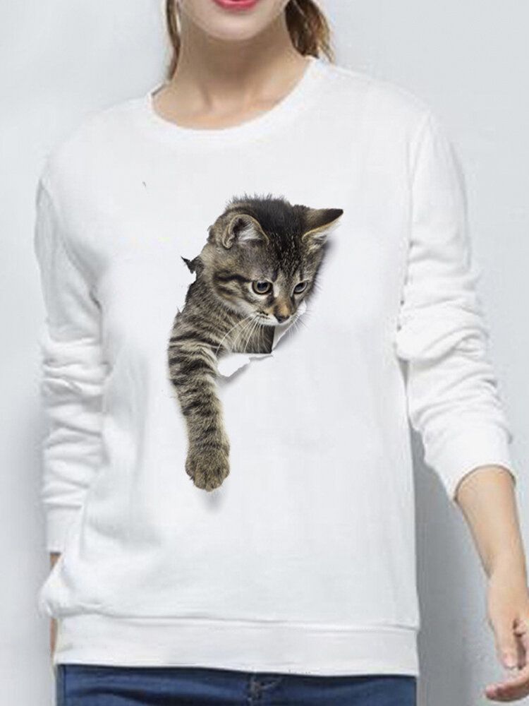 Frauen 3d Süße Kleine Katze Print Rundhalsausschnitt Lässig Einfach Langarm Pullover Sweatshirt