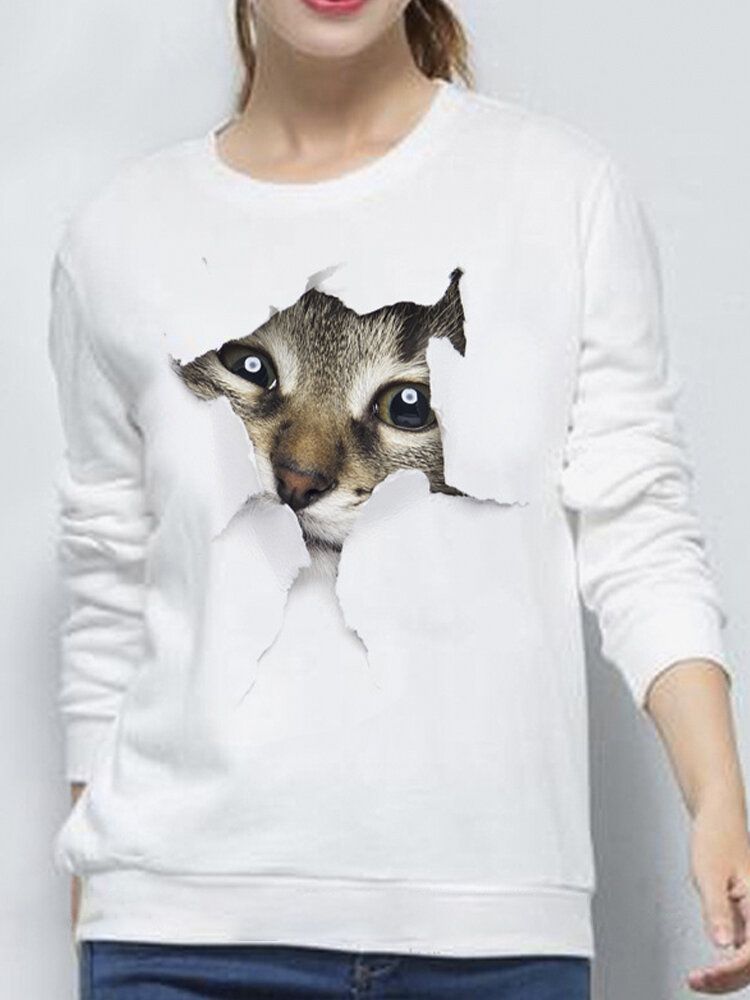 Frauen 3d Süße Kleine Katze Print Rundhalsausschnitt Lässig Einfach Langarm Pullover Sweatshirt