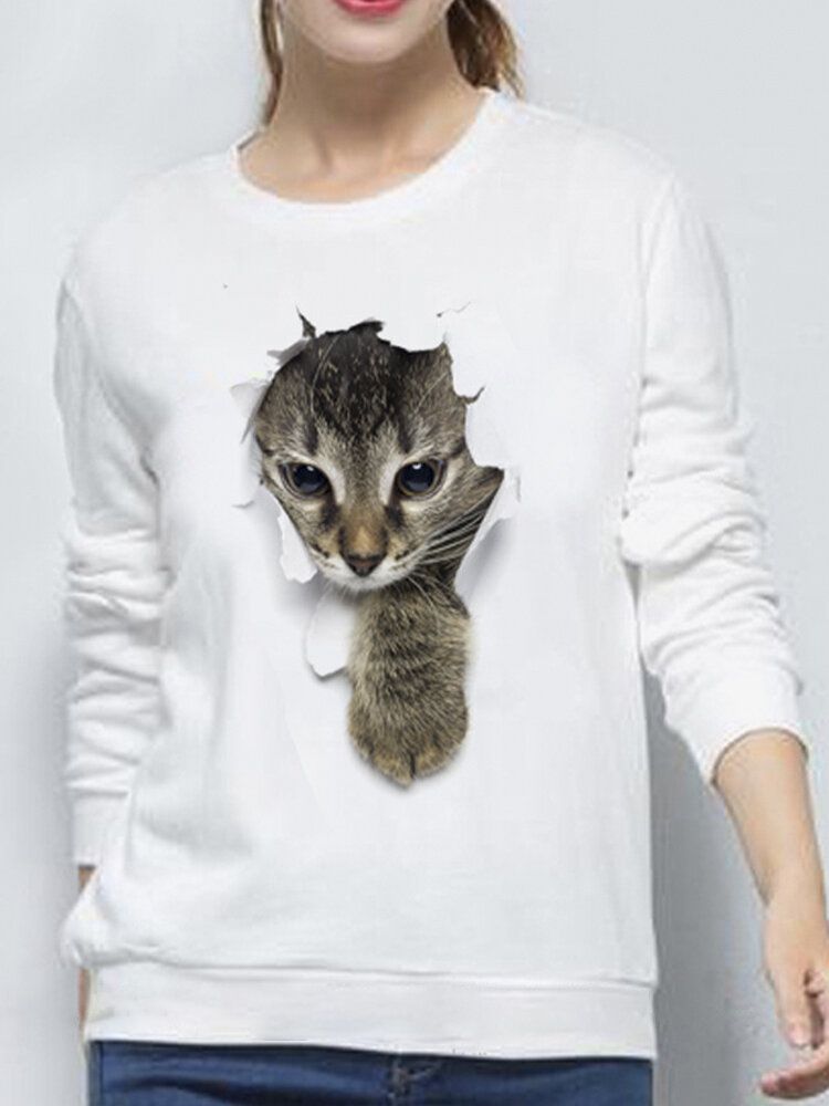 Frauen 3d Süße Kleine Katze Print Rundhalsausschnitt Lässig Einfach Langarm Pullover Sweatshirt