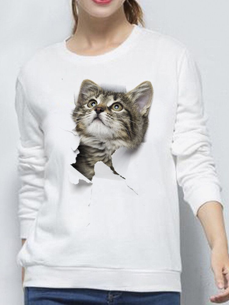 Frauen 3d Süße Kleine Katze Print Rundhalsausschnitt Lässig Einfach Langarm Pullover Sweatshirt