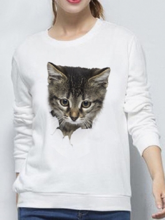 Frauen 3d Süße Kleine Katze Print Rundhalsausschnitt Lässig Einfach Langarm Pullover Sweatshirt