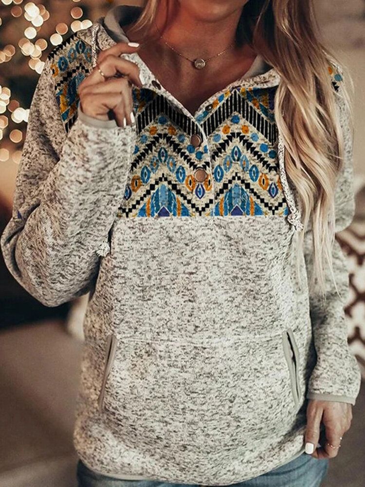 Frauen-ethno-stil-druck-zigeuner-patchwork-fleece-pullover Mit Halber Knopfleiste