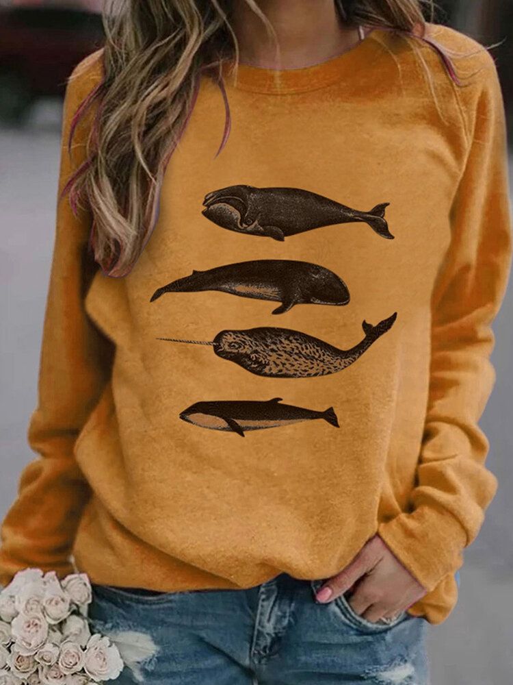 Frauen-fischdruck-rundhals-lässige Sweatshirts Mit Raglanärmeln