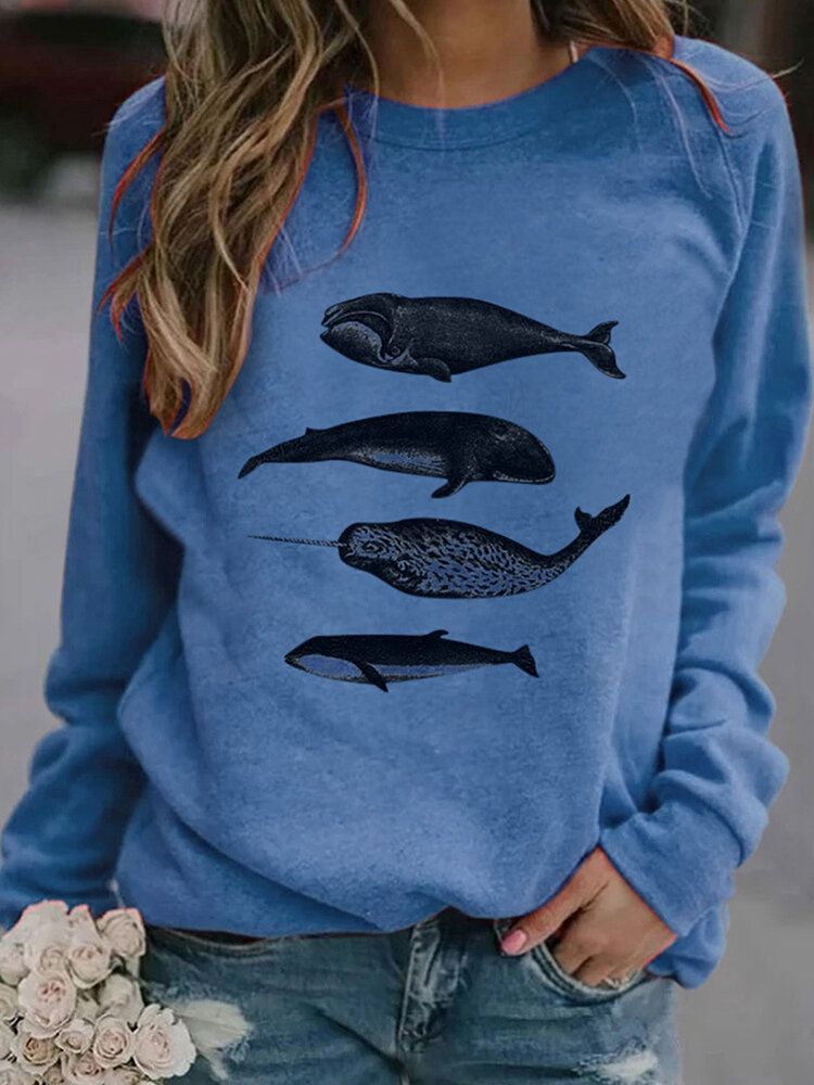 Frauen-fischdruck-rundhals-lässige Sweatshirts Mit Raglanärmeln