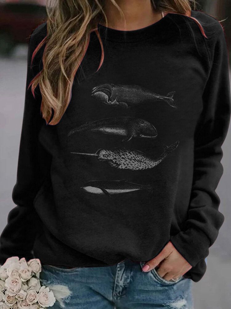 Frauen-fischdruck-rundhals-lässige Sweatshirts Mit Raglanärmeln