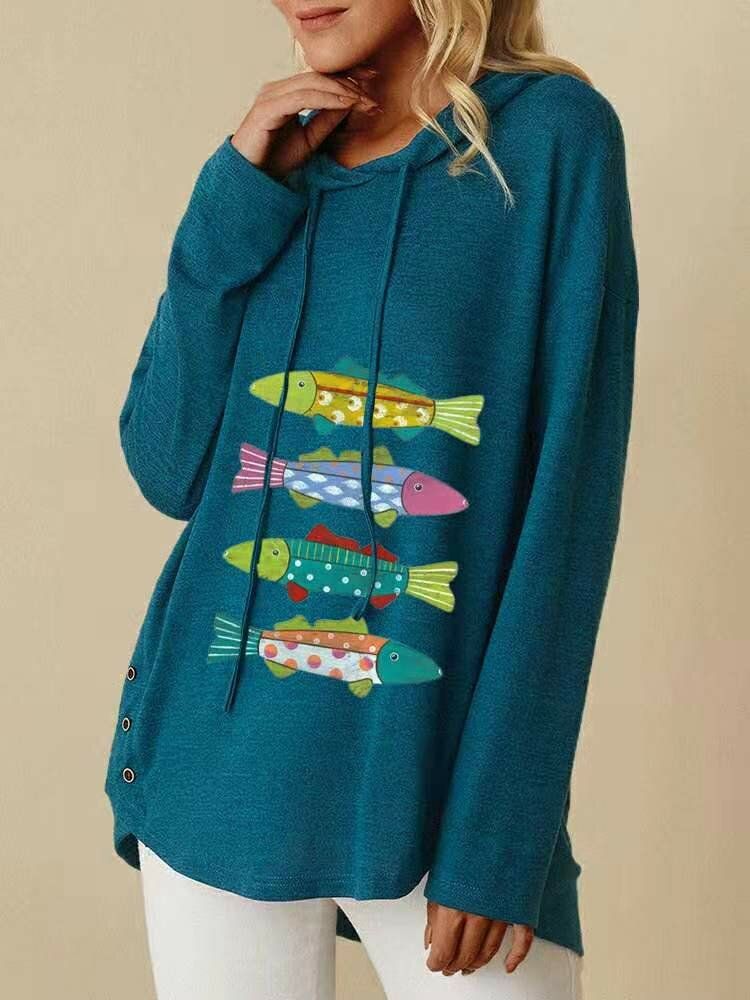 Frauen-karikatur-fisch-druck-seite-knopf-kordelzug-beiläufiger Lockerer Pullover-hoodie