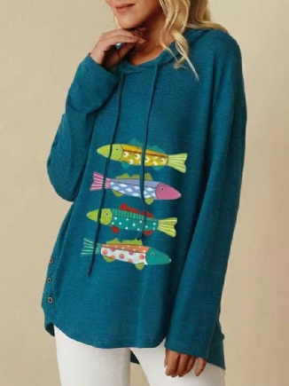 Frauen-karikatur-fisch-druck-seite-knopf-kordelzug-beiläufiger Lockerer Pullover-hoodie