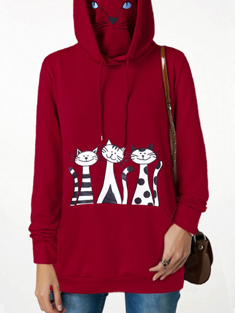 Frauen-karikatur-katzen-druck-doppelter Ausschnitt Maskierte Langärmlige Kapuzen-sweatshirts