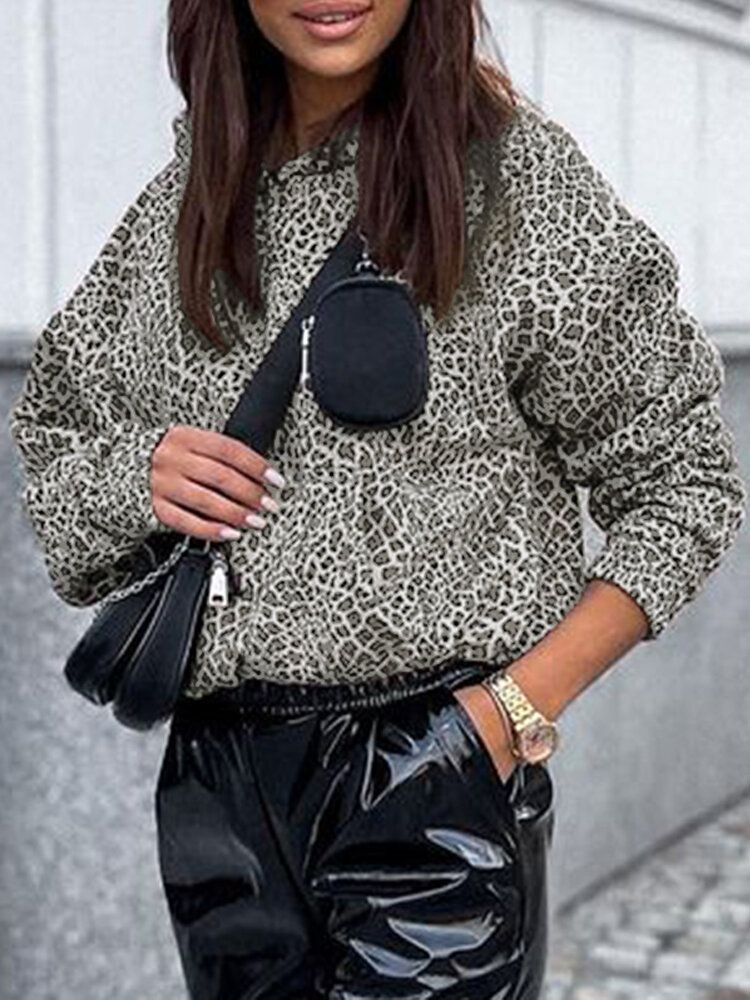 Frauen-leopard-bedruckte Fronttasche Volle Ärmel Kapuzenkragen Lässiges Sweatshirt