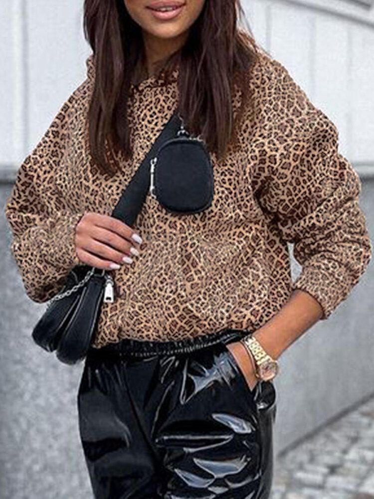 Frauen-leopard-bedruckte Fronttasche Volle Ärmel Kapuzenkragen Lässiges Sweatshirt