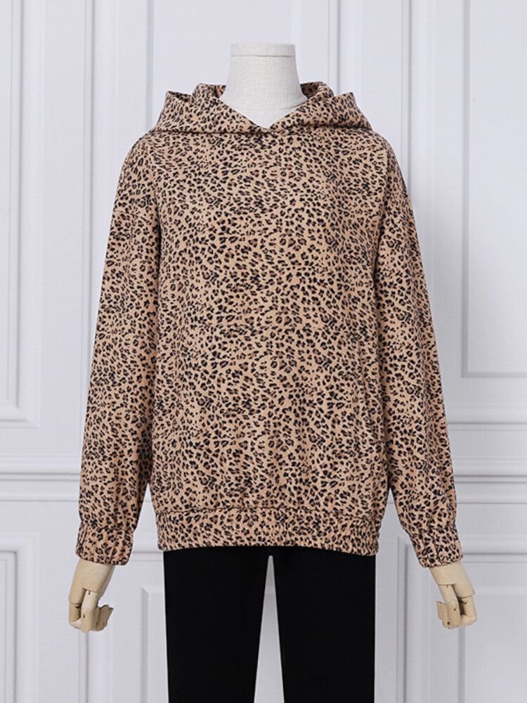 Frauen-leopard-bedruckte Fronttasche Volle Ärmel Kapuzenkragen Lässiges Sweatshirt