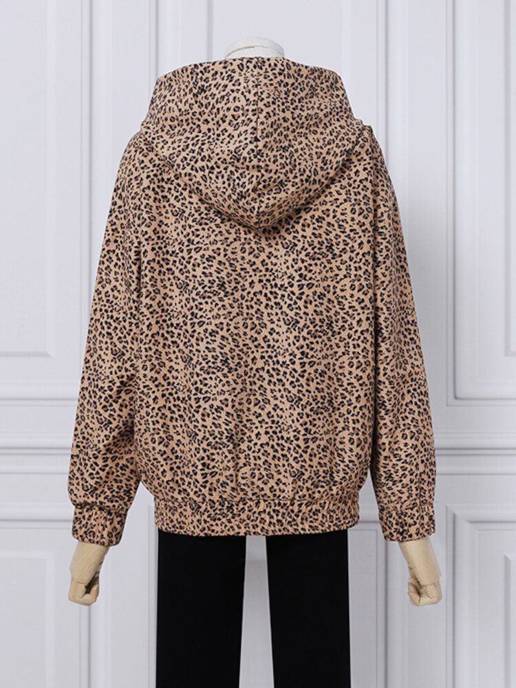 Frauen-leopard-bedruckte Fronttasche Volle Ärmel Kapuzenkragen Lässiges Sweatshirt