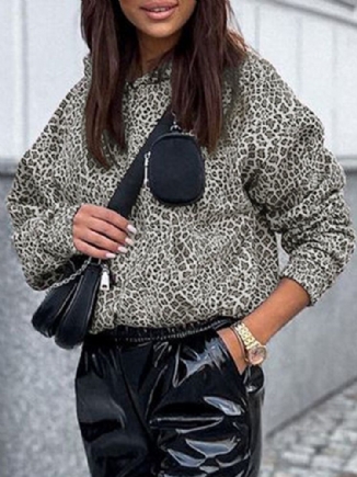 Frauen-leopard-bedruckte Fronttasche Volle Ärmel Kapuzenkragen Lässiges Sweatshirt