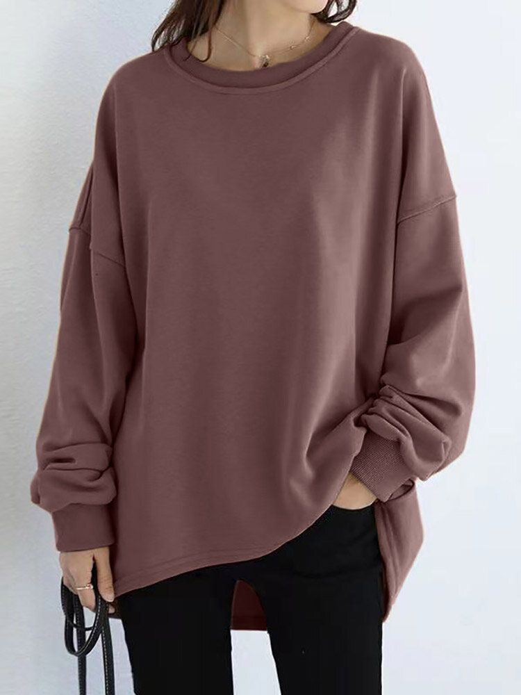 Frauen Lose Dicker Rücken Gabel High Low Solid Casual Pullover Sweatshirt