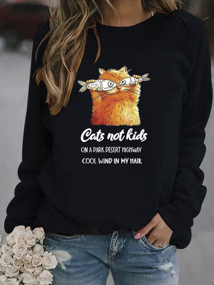 Frauen-lustige Karikatur-katzen-gedruckte Pullover-langarm-beiläufige Sweatshirts